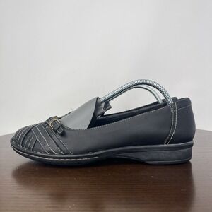 Clarks Bendable Shoes Women's 8M Black Leather Comfort Woven Slip On Loafer Flat